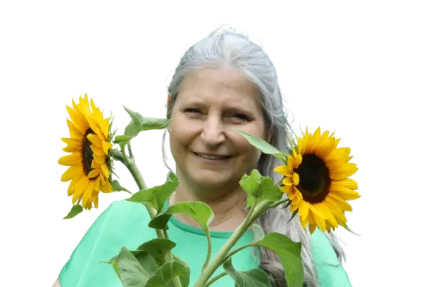 Eva houdt zonnebloemen vast
