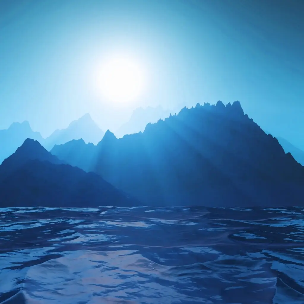 a blue sky with mountains and sun