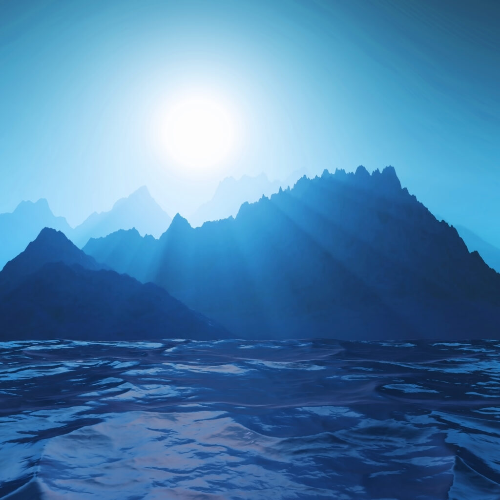 3d mountain landscape against ocean